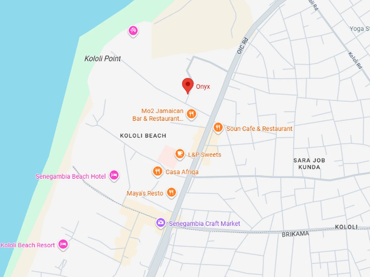 Map showing Club ONYX near Kololi Beach